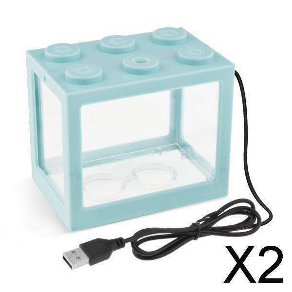 2X Mini Fish Tank LED Light Clear Ornament Aquarium Office Desktop Decor Blue