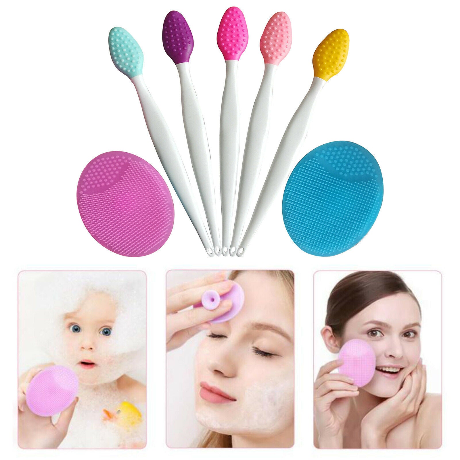 5Pcs Silicone Lip Brush Soft Applicator Wand Tool with 2Pcs Facial Brushes