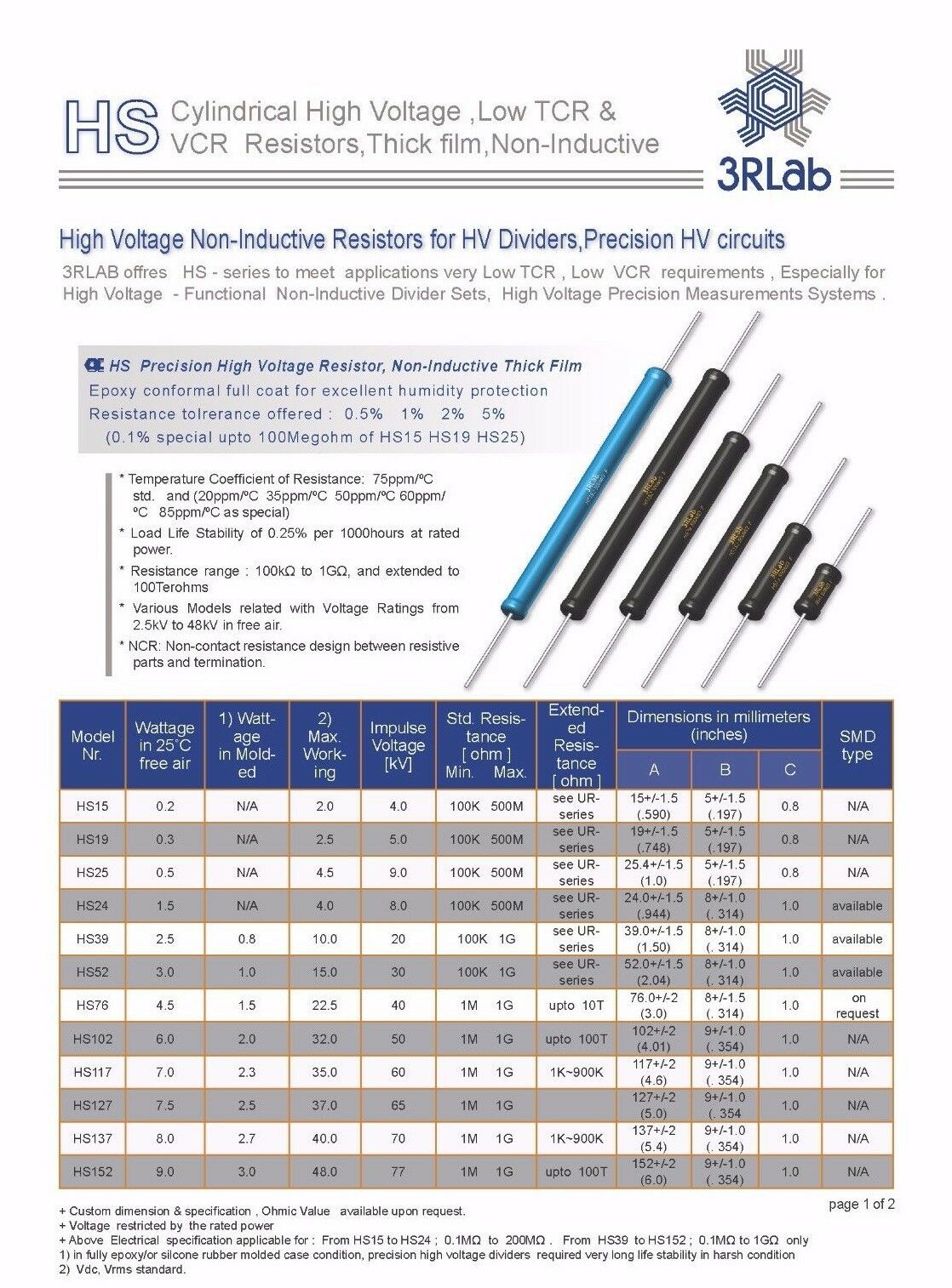 1pcs-3RLab HS152 50M 1% 9W 48KV Non-Inductive Low-TCR&VCR HV Film Resistor