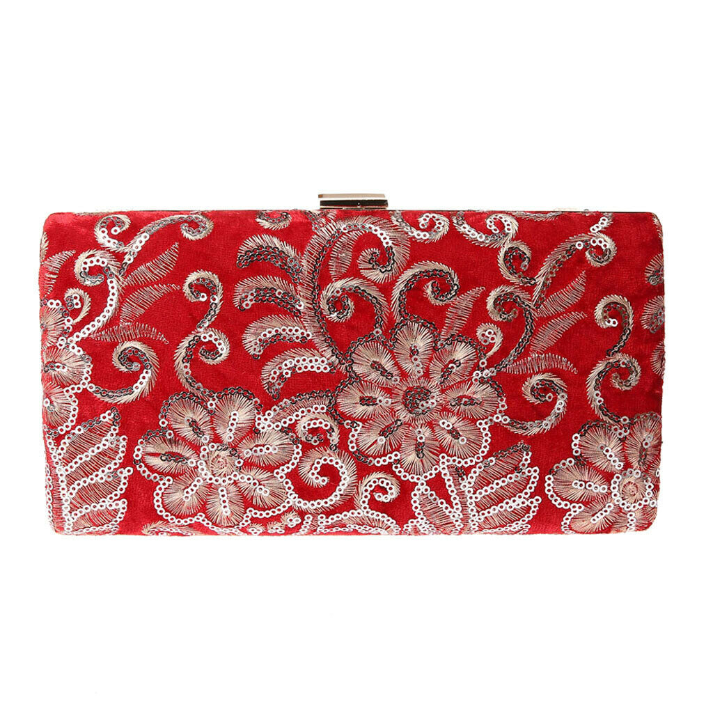 Women Evening Envelope Sequin Floral Handbag Party Bridal Clutch Purse - Red, as