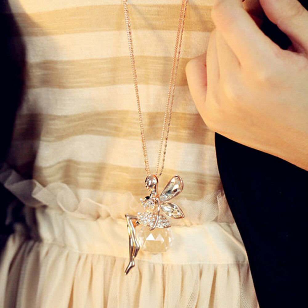 Gorgeous Women Crystal Fairy Angel Wing Pendant Long Chain Sweater Necklace Gift