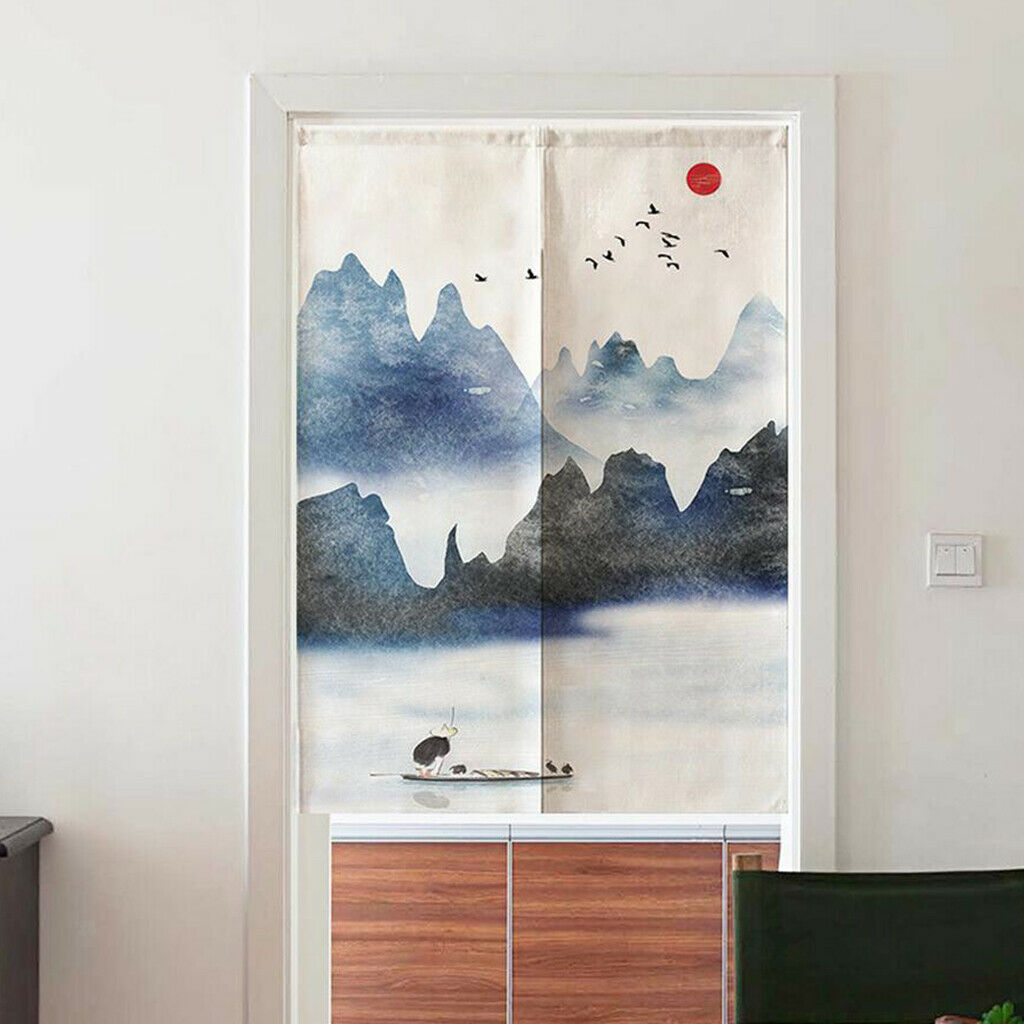 Japanese Style Cotton Linen Doorway Curtain Mountains and Birds-85x150cm