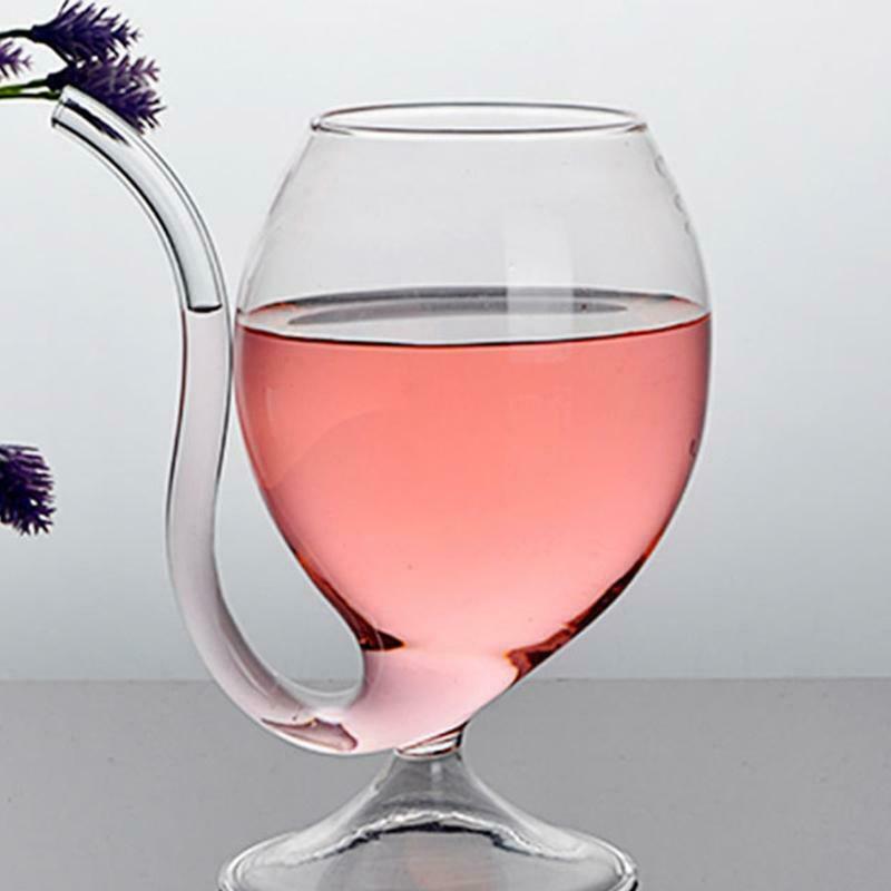 300ml  Red Wine Glass Transparent Cup Mug With Built in Drinking Tube Straw Wate
