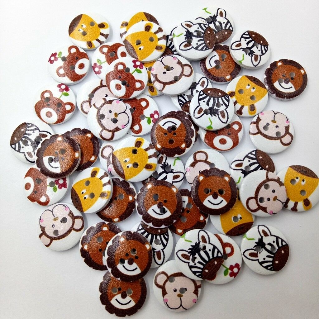 50Pcs Mixed Animal Wooden Buttons Round 2-Holes For Sewing Scrapbooking DIY