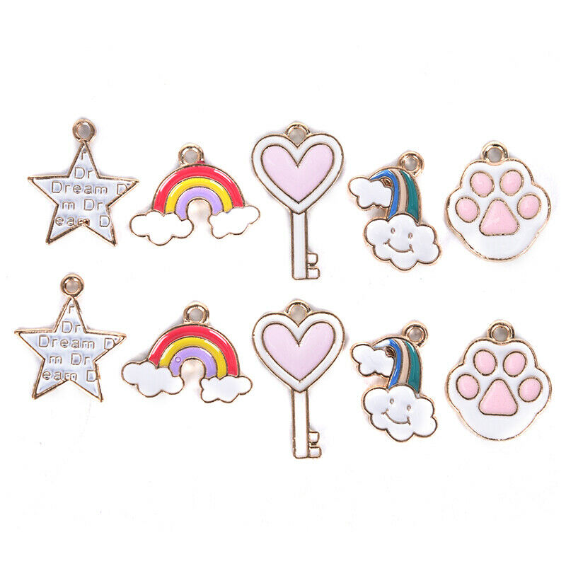 10pcs Mix Heart Key Cloud Metal Enamel Charms Pendant DIY Jewelry Making Fi_DD
