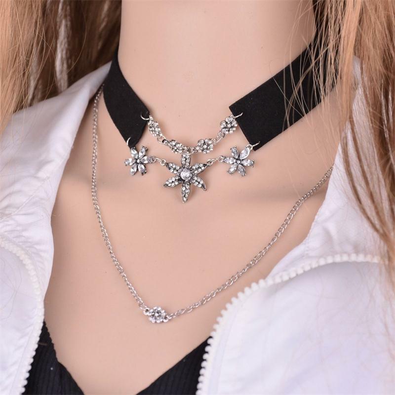 Double Chain Leather Collar Chain Choker Necklace Flower Crystal Pendant Jewelry