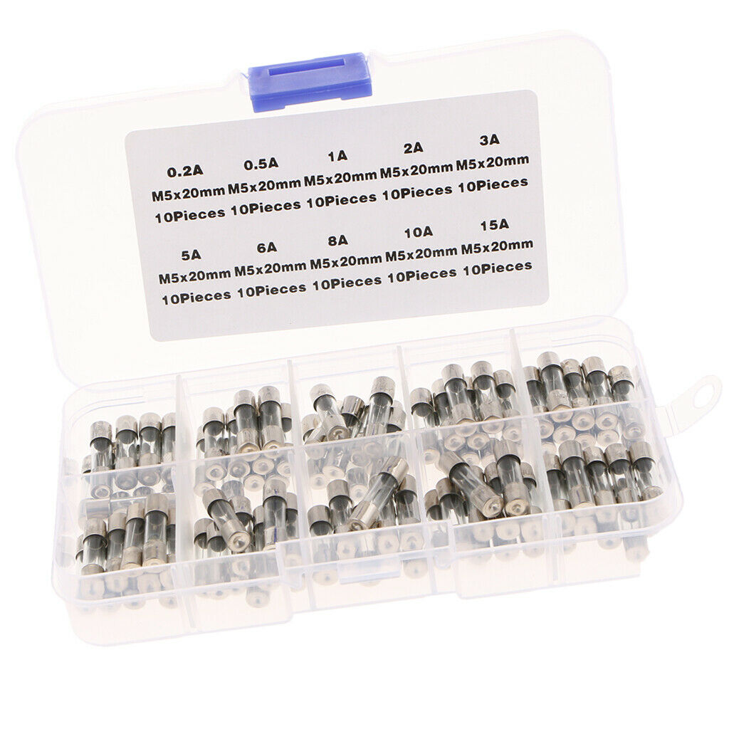 100 pcs 5 x 20mm Fast-blow Glass Fuses,Quick Blow Tube Fuses Assorted Kit Amp