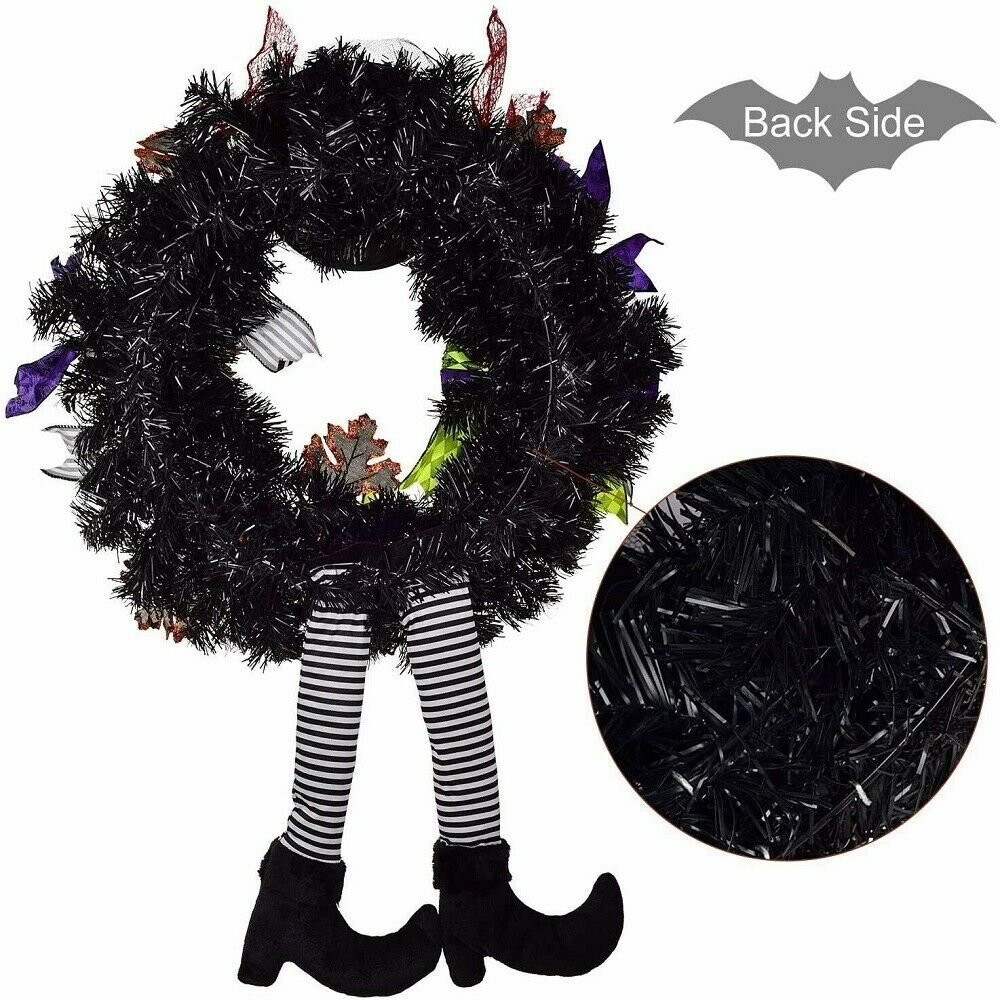 24 Inch Witch Halloween Wreath with Hat Legs Pumpkin Wreath Door Wall Decor