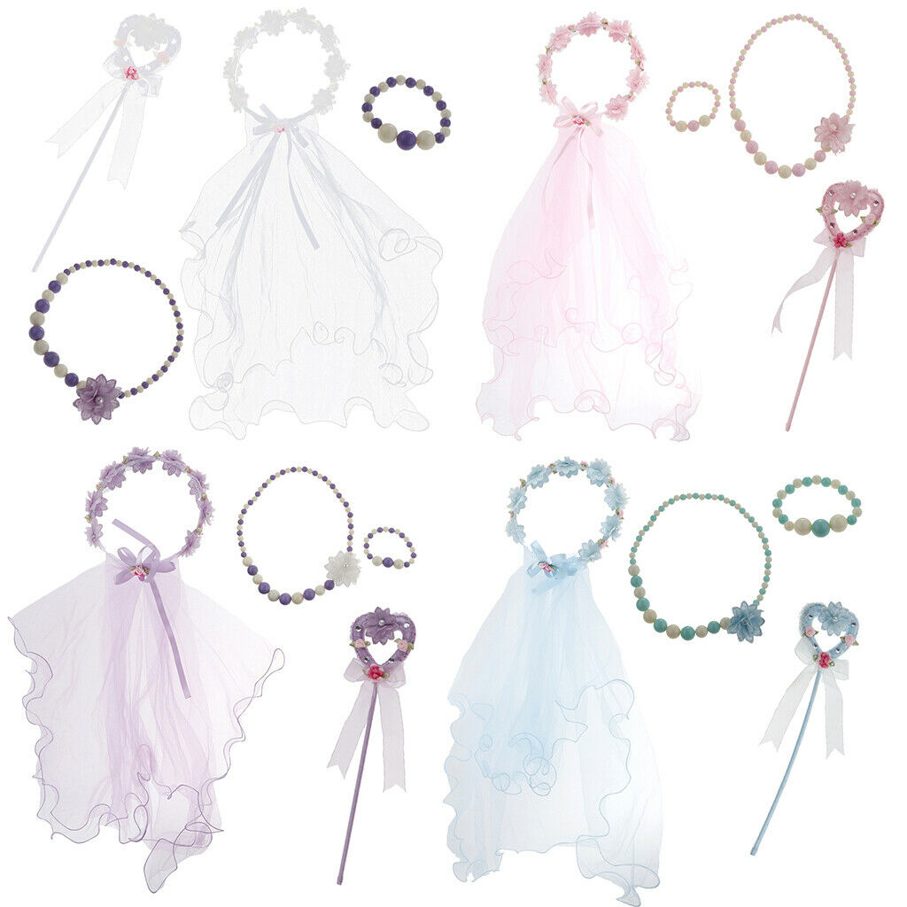 Girls Floral Princess Costume Headband Veil Stick Necklace Wristband  White