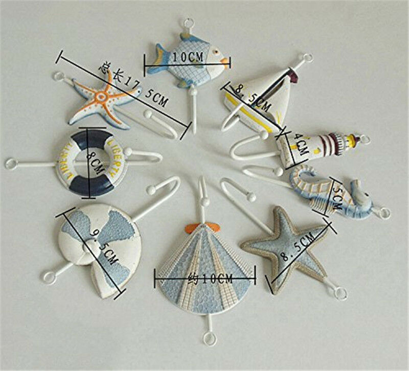 Unique Mediterranean Style Star Fish Conch Shell Ect. Wall Hooks Hangers (9PCS)