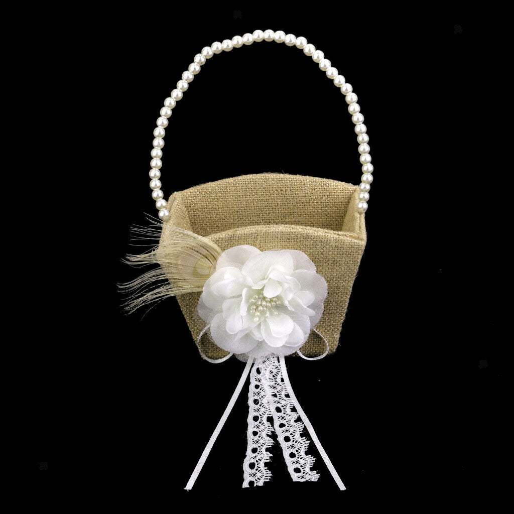 Wedding Burlap Flower Girl Basket With White Flower Beads Deco