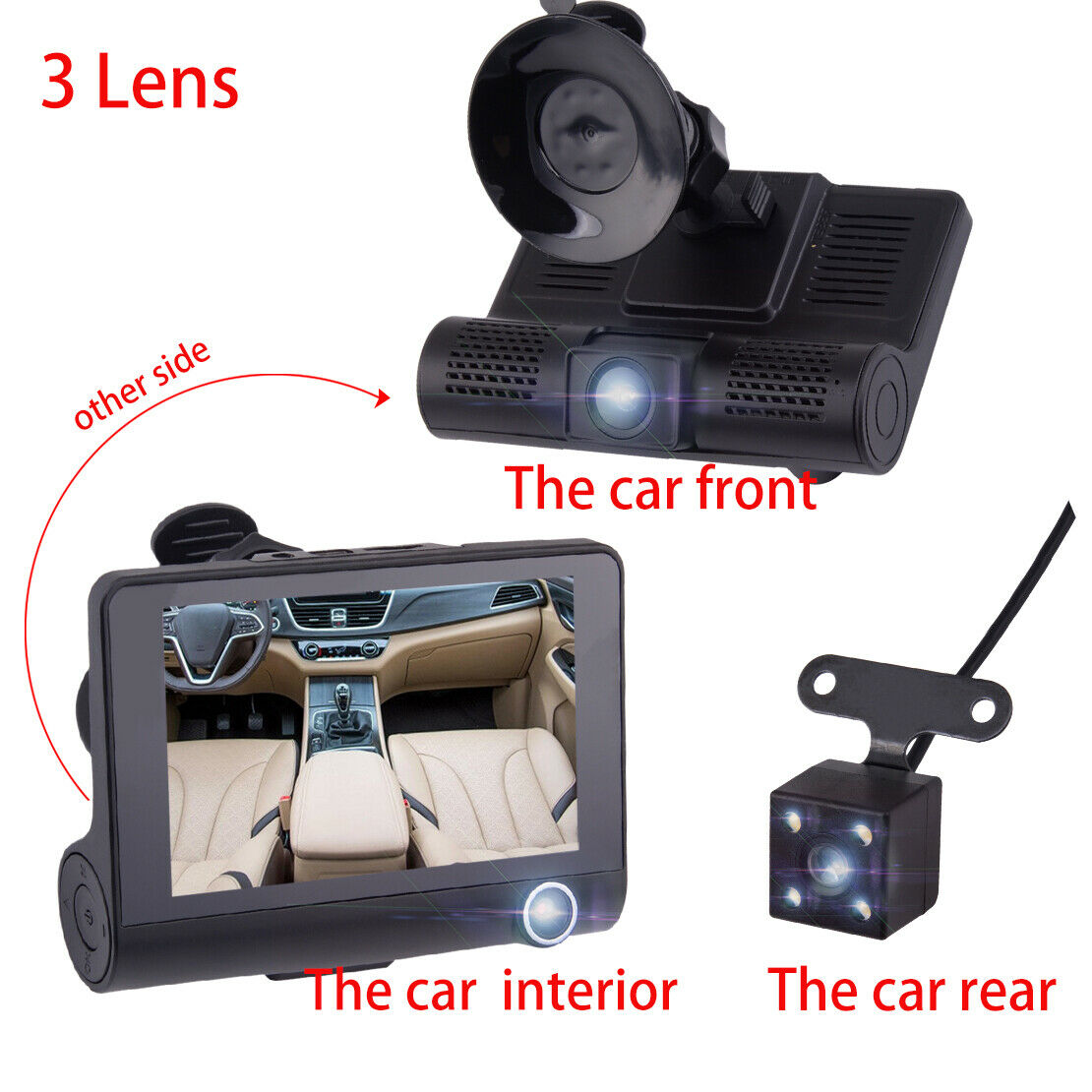 4'' HD 1080P 170° 3 Lens Car DVR Dash Cam Video Recorder Rearview Camera 1pcs