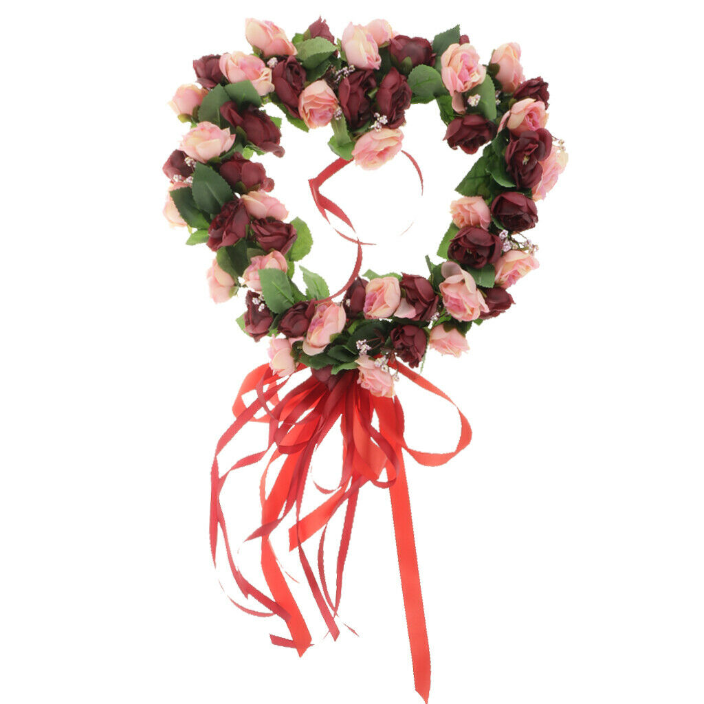 Artificial Rose Wreath Heart Shaped Wreath with Red Silk Ribbon, Wine Red Rose