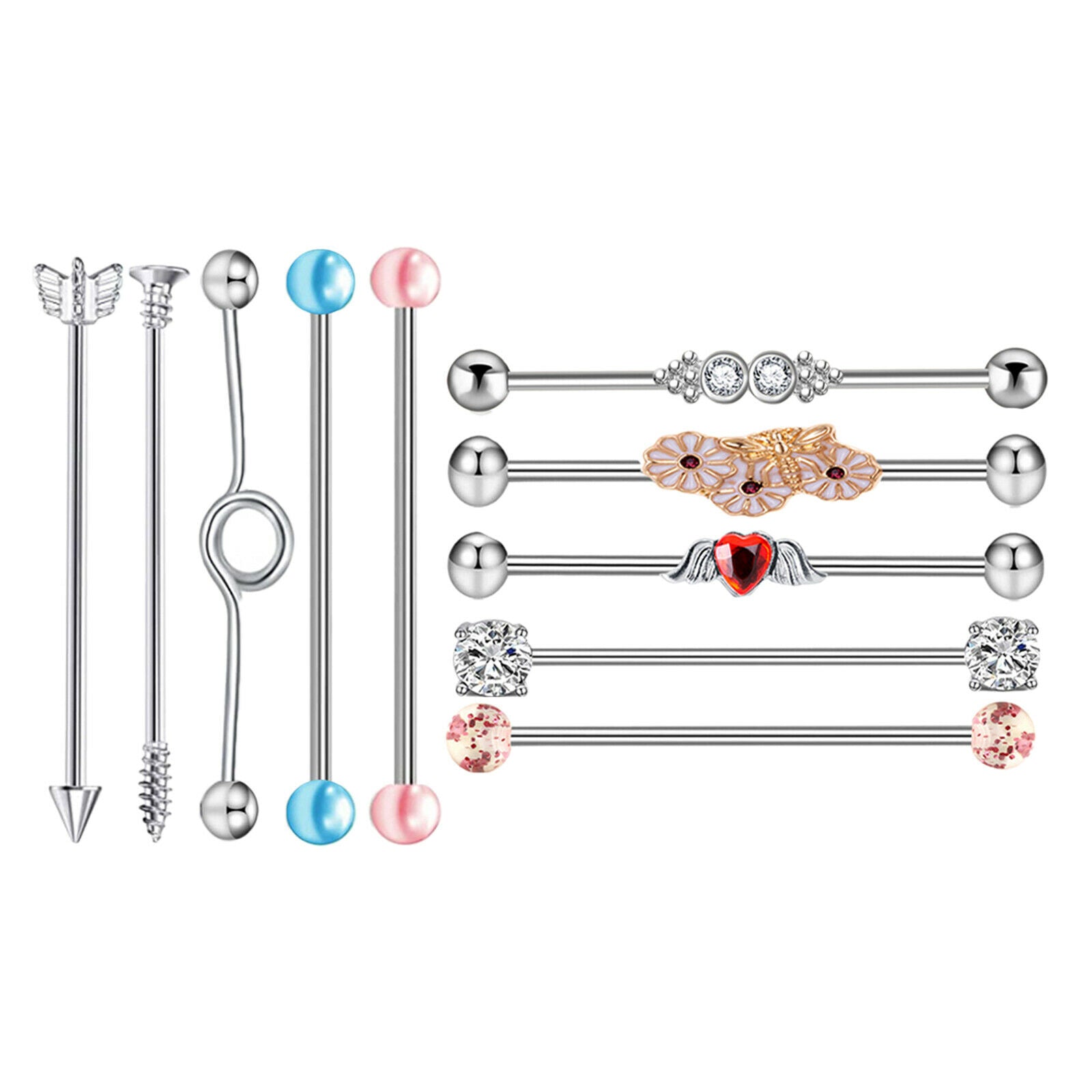 10Pcs Industrial Barbell Earrings Studs Lip Rings Labret for Women Men