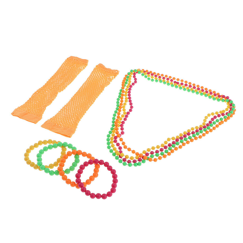 Set of 27 Womens 60s 70s 80s Punk Party Beads Necklace Bracelet Gloves Prop