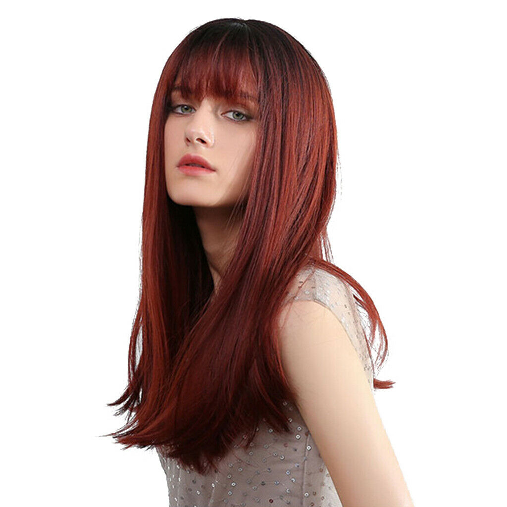 20'' Charming Straight Synthetic Wigs W/ Neat Bangs Ombre Wine Red Women Wig