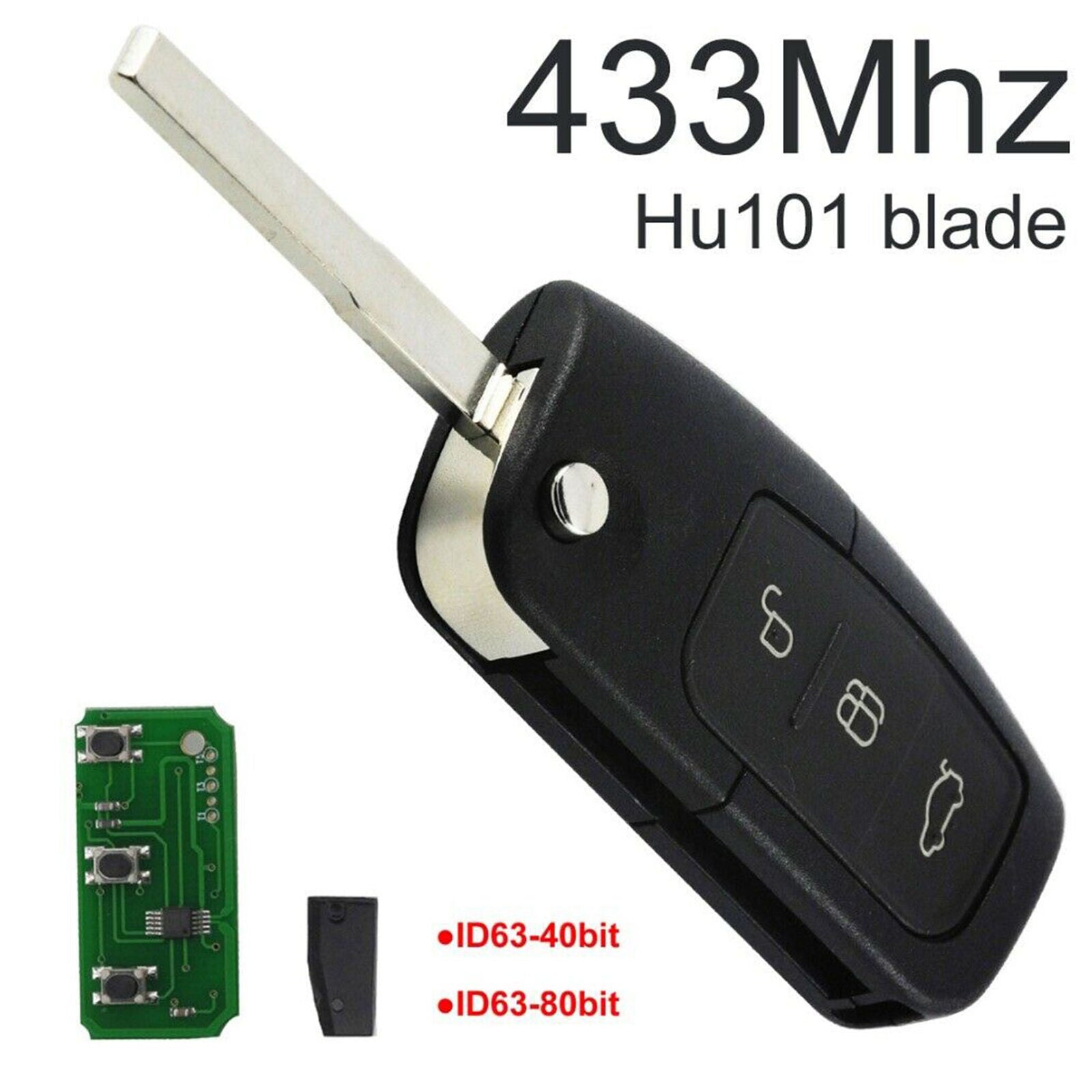 3 Button Flip Remote Key Fob 433MHz Fit for Ford Focus Mondeo Fiesta S Black