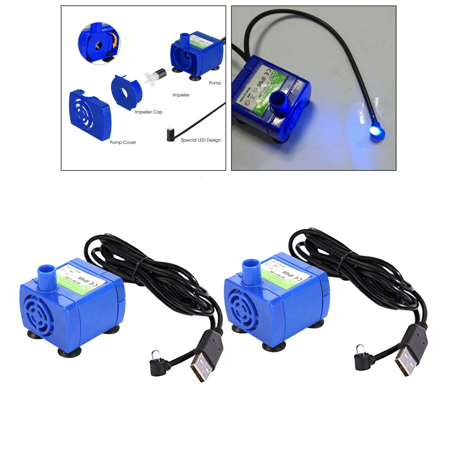2Pcs Electric USB Water Fountain Pump with Cable for Cats Dogs Drinking Bowl