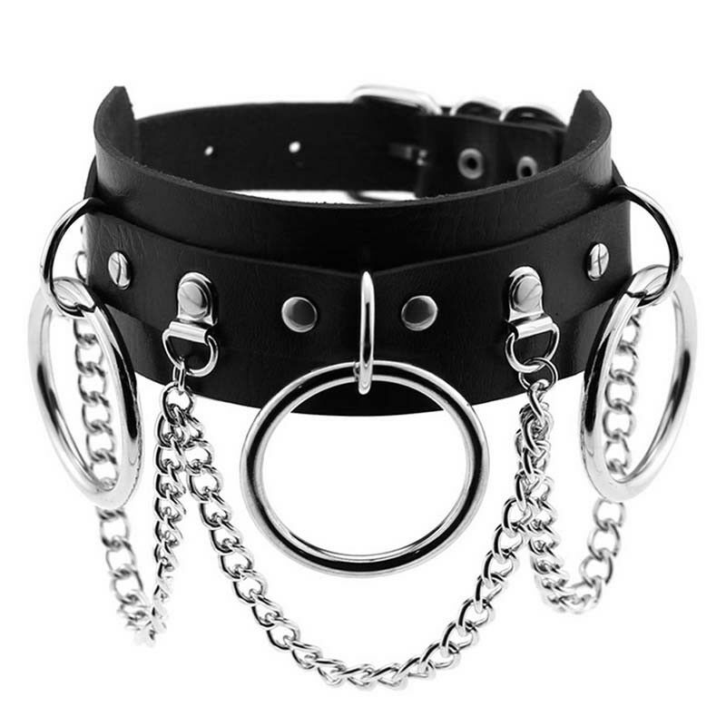 Black Leather Choker Metal Ring Chain Necklace Collar Handmade Goth Punky3BDAU
