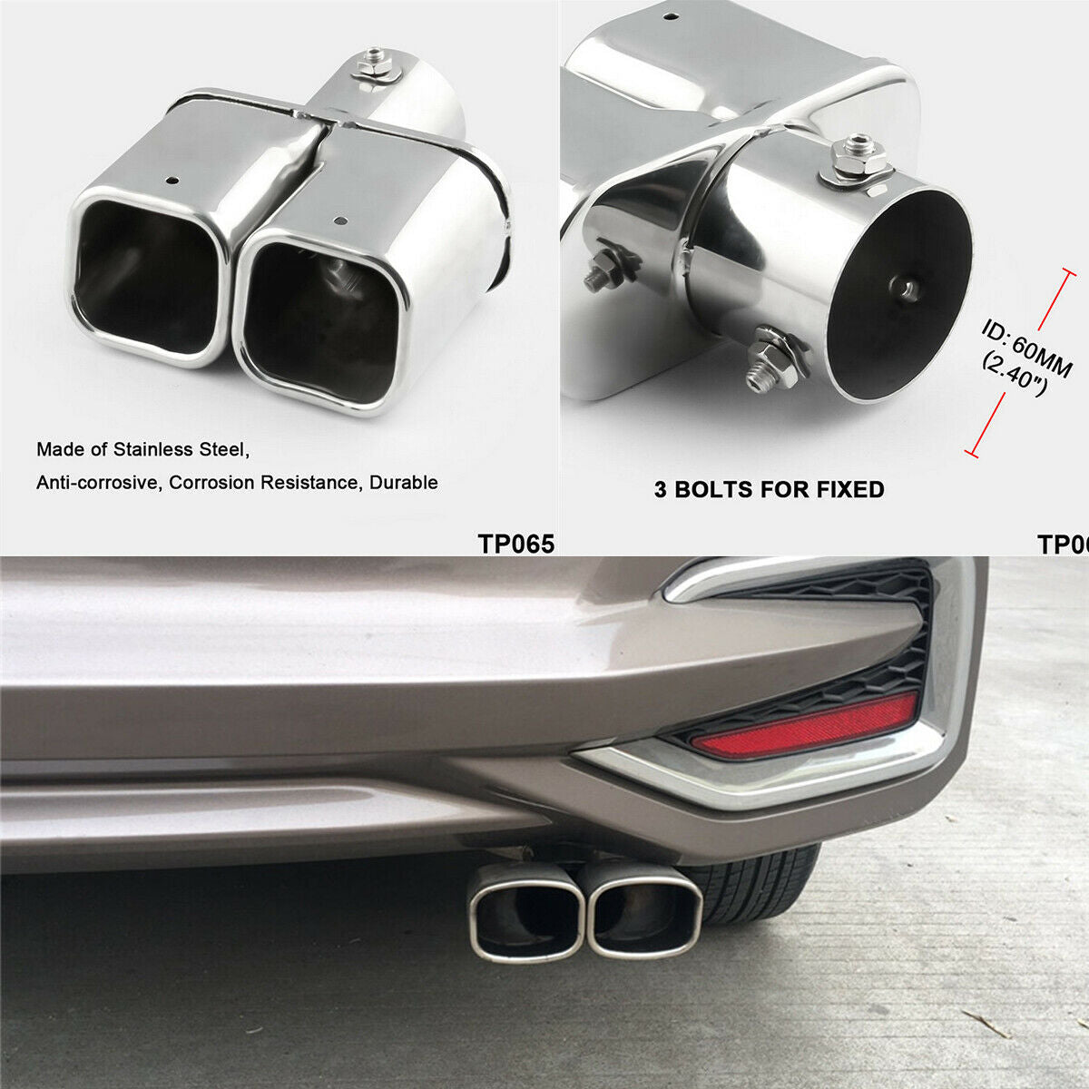 2.5" Stainless Steel Square Exhaust Pipe car Chrome Exhaust Tail Muffler tip