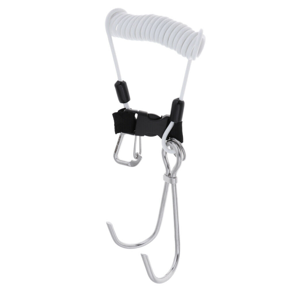 Scuba Diving Stainless Steel Dual Reef Hooks w/Spiral Coil Lanyard White