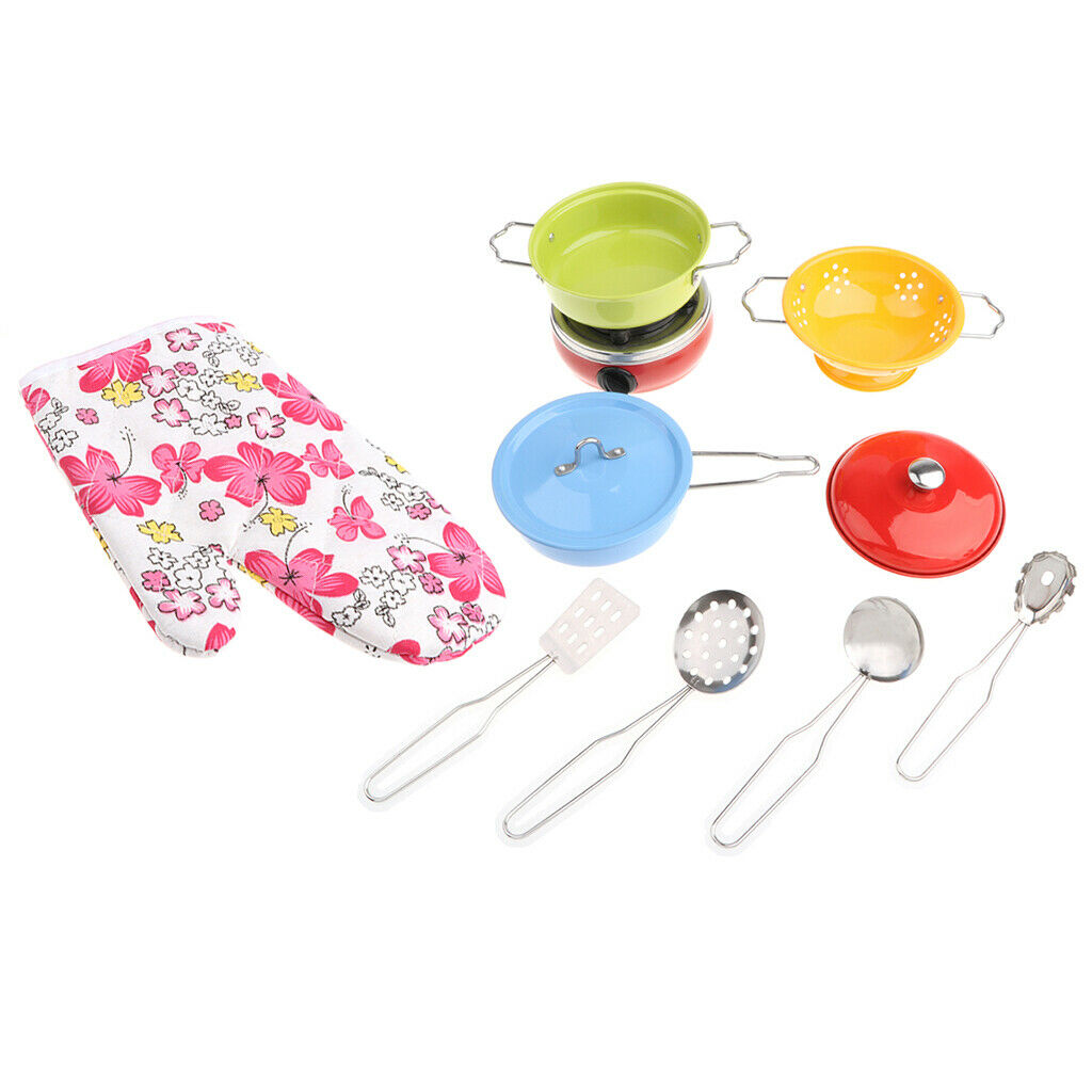 11 Pieces Kids Pretend Play Stainless Steel Cookware Kitchen Pot Pan Utensil