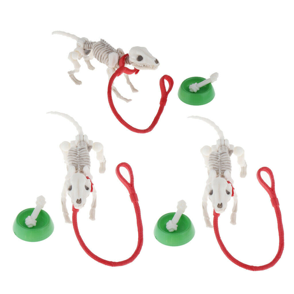 3x Skeleton Dog Play Toys Party Home Decoration Photo with Bowl Bone Playset