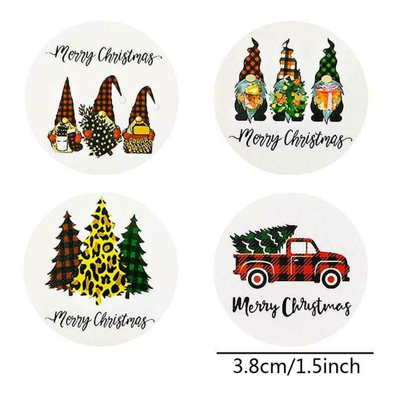 500Pcs Merry Christmas Round Stickers Roll Gnome Xmas Tree Truck Adhesive Labels