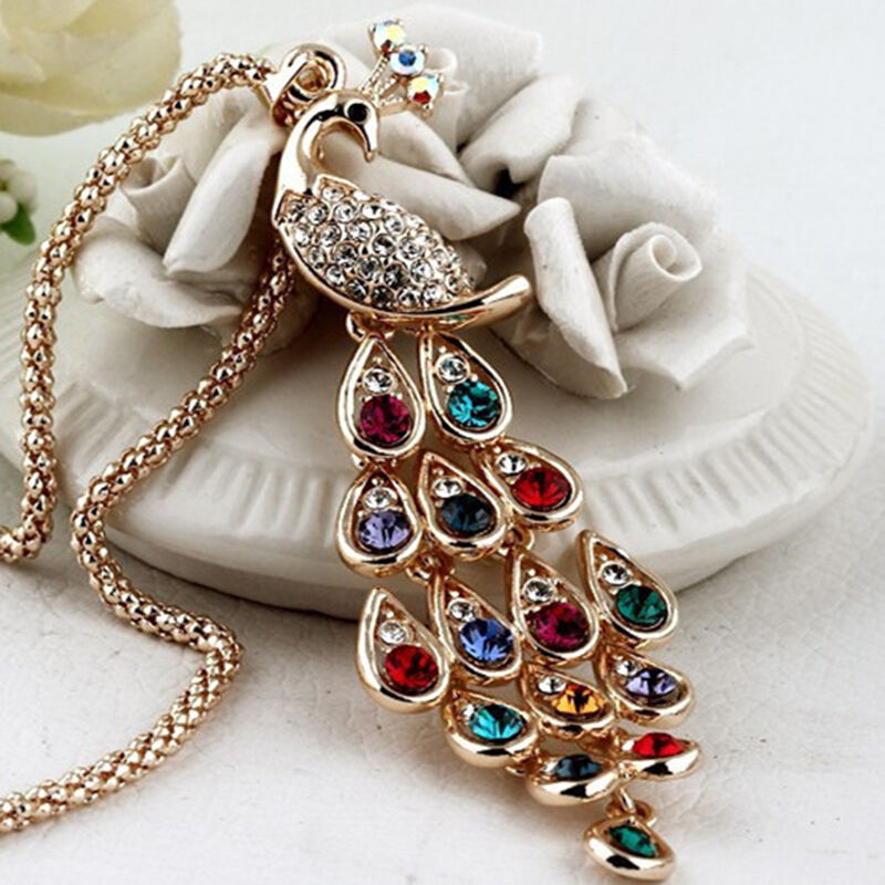 Trendy Peacock Pendants Long Colorful Crystal Necklace for Women Beauty Lt