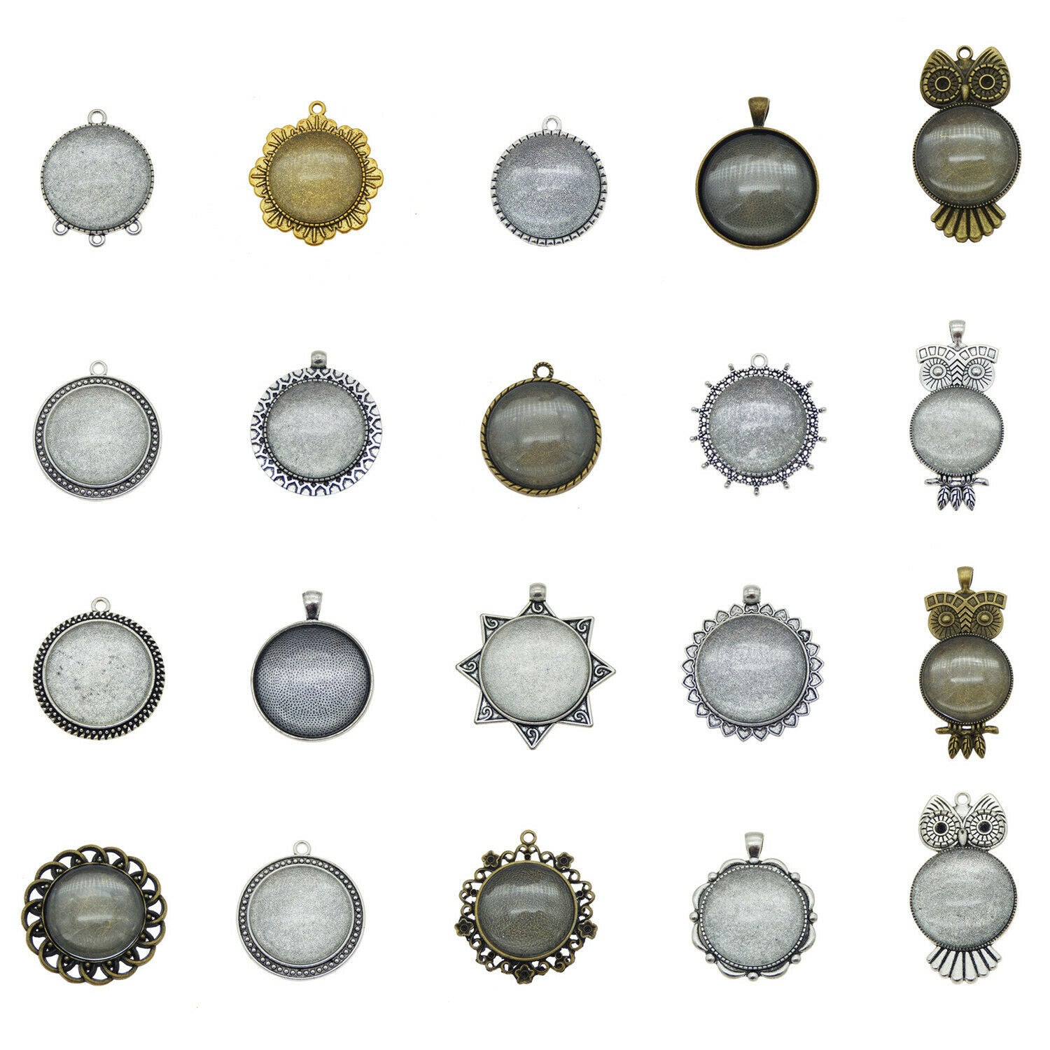 5 sets Metal Blanks with Round 30mm Clear Glass Cabochons Pendants Send Randomly