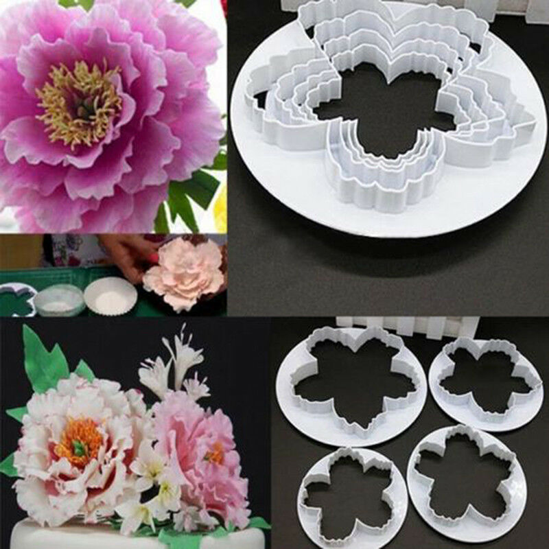 4pcs Peony Flower Fondant Mold Sugarcraft Cake Cookies Embosser Cutter gt.l8