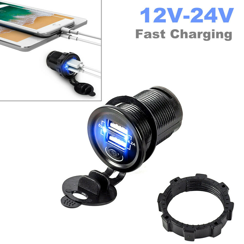 12V-24V Car ATV UTV Phone Charger Dual USB +2.1A Power Socket Blue LED w/ Switch