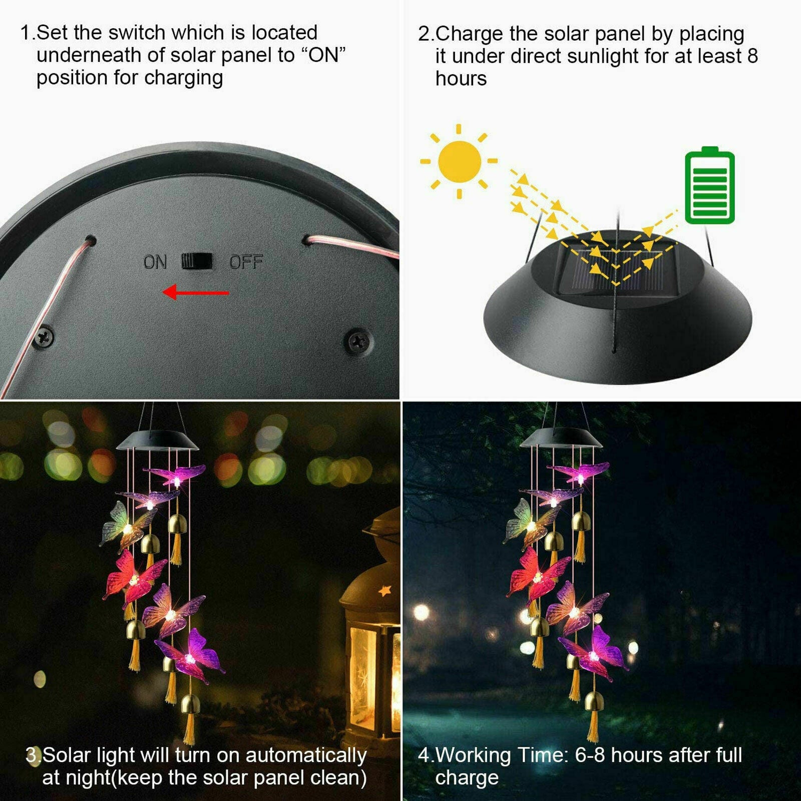 Solar Power LED Butterfly Wind Chime Lamp Color Changing Home Yard Garden Decor