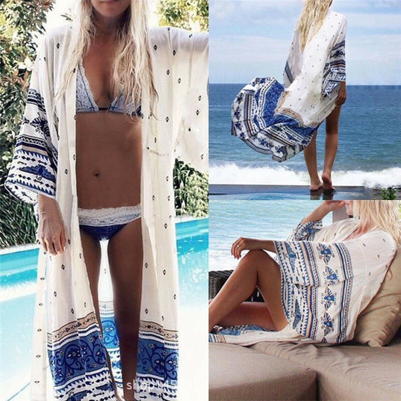 Women Summer Chiffon Bikini Cover Up Swimwear Bathing Suit Beach Dress Long 2 TL