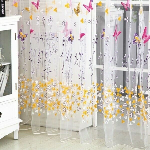 2x Colorful Buttefly Flower Sheer Voile Window Scarf