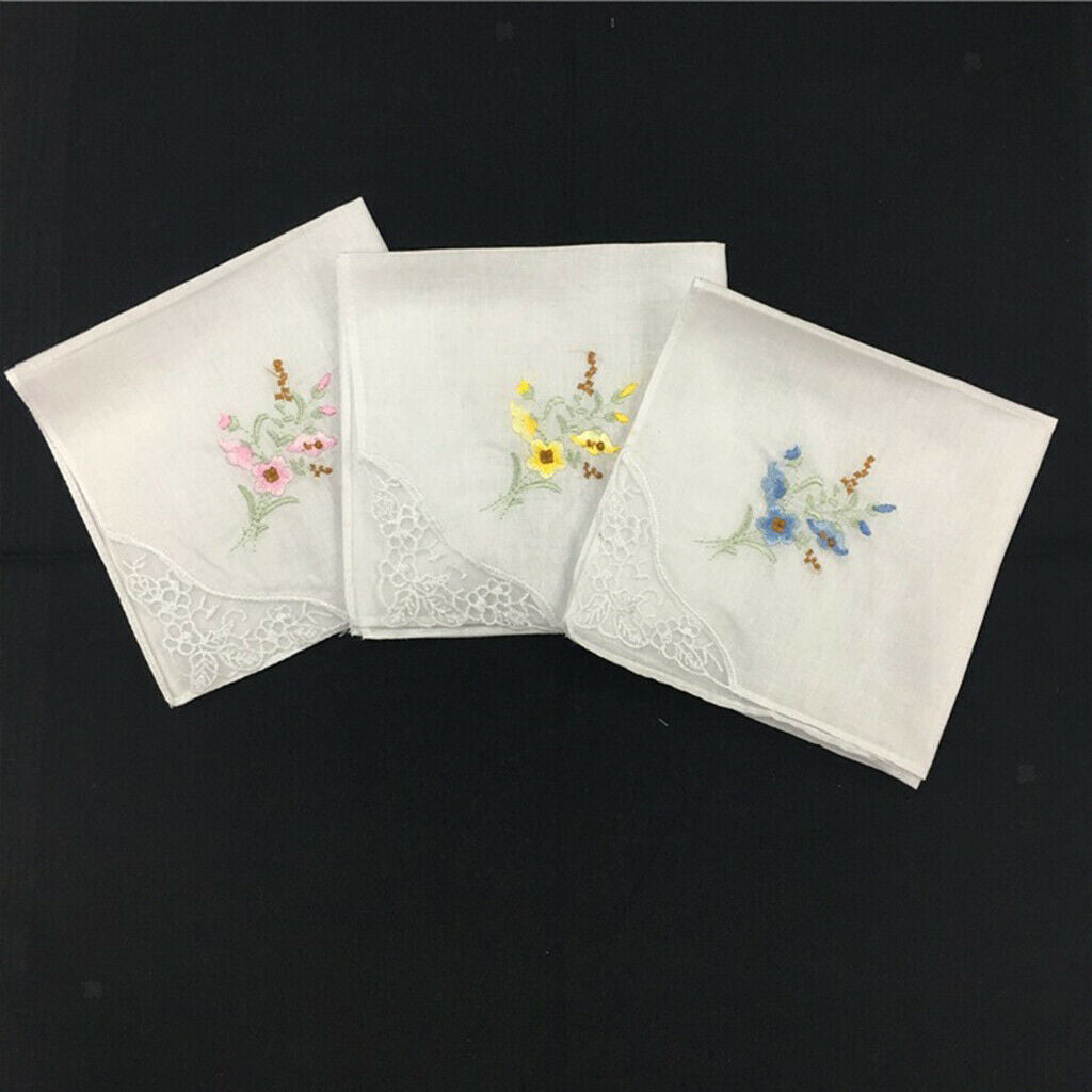 12pack Pure Cotton Embroidered Handkerchiefs Washable Floral Lace Hankie  ''