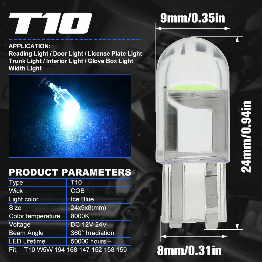 20PCS White T10 194 168 COB Bulb Car W5W Wedge Dash Roof Stop Parker Plate Light