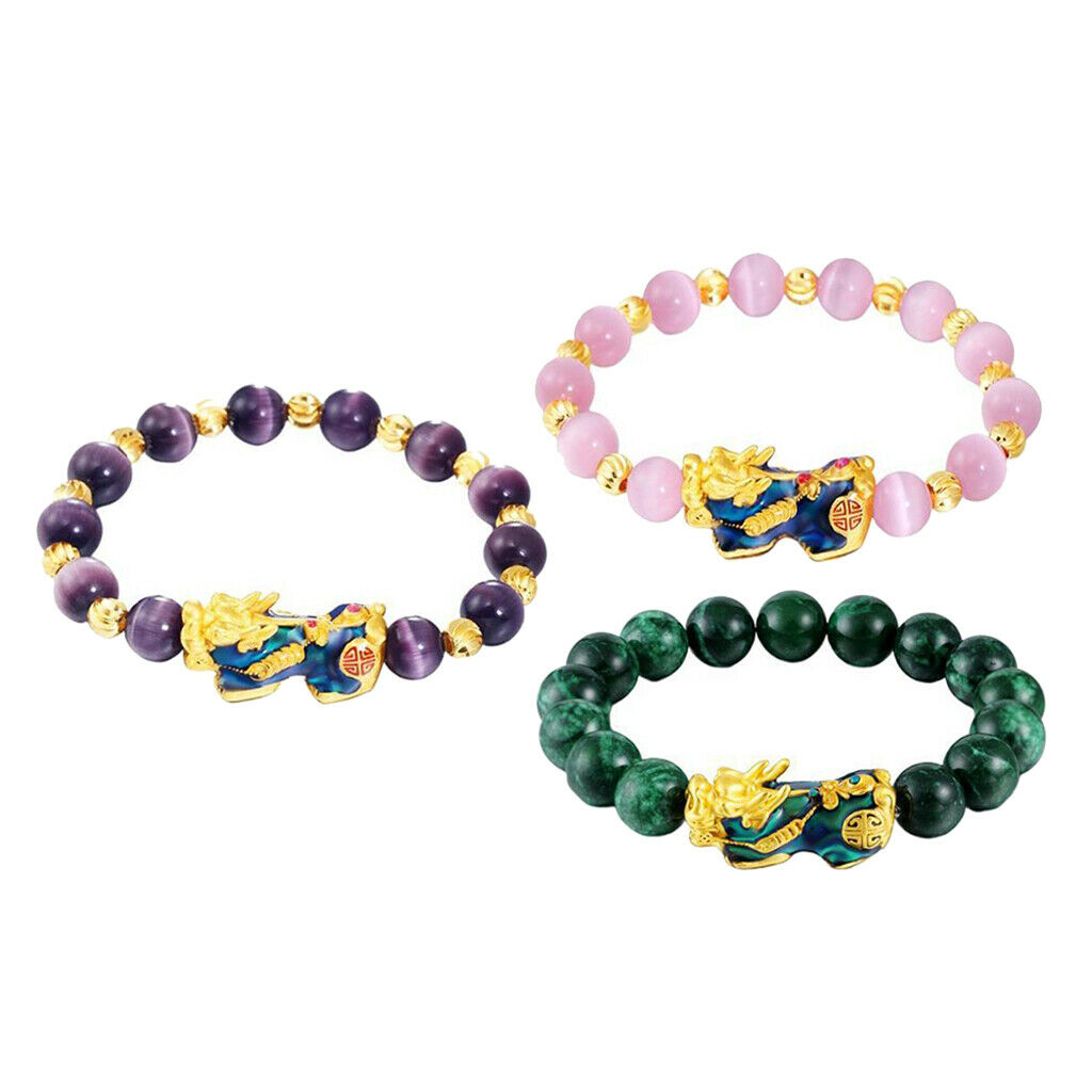 3x Chinese Feng Shui Black Obsidian Bead Pixiu Charms Alloy Bracelet Jewelry