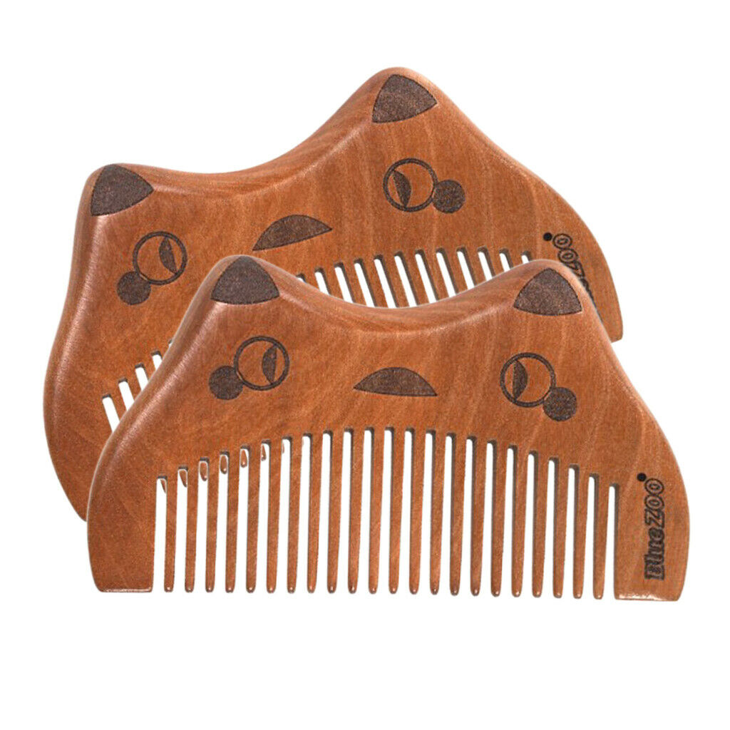 2Pcs Cute Cat Head Anti Static Wooden Massage Comb for Beard Hair Fine Tooth