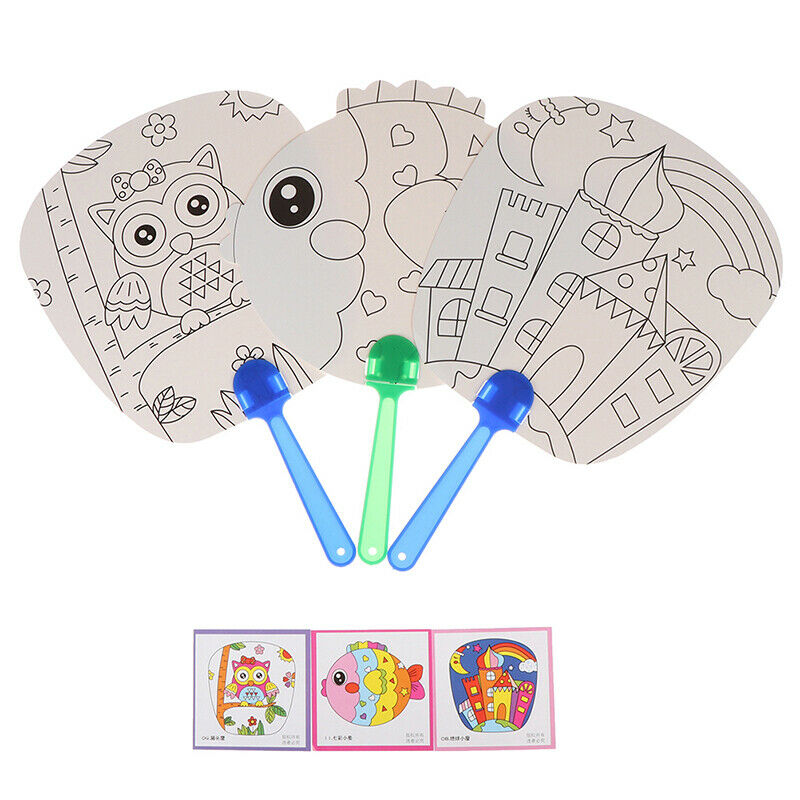 1Pc DIY kids coloring cartoon hand fan craft kindergarten drawing toys .l8