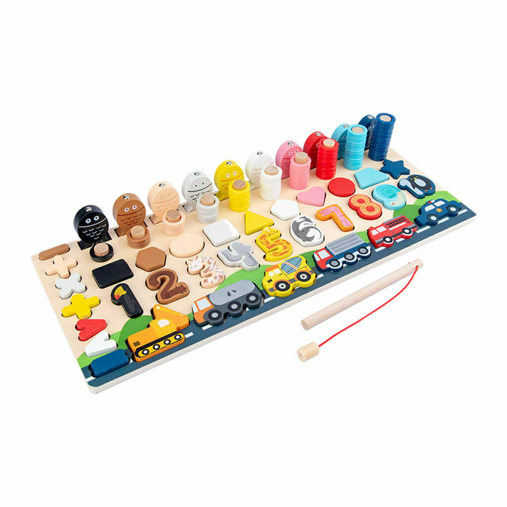 Wood Number Puzzle Shape Match Pegs Board Counting Sorting Fishing Game Early