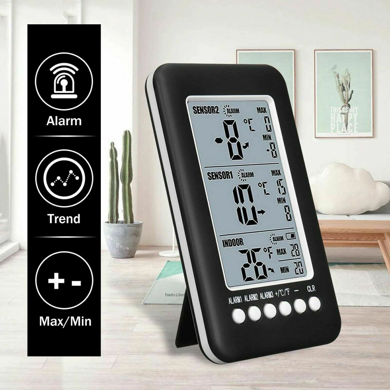 Wireless Freezer Fridge LCD Digital Thermometer Alarm Weather Station + 2 Sensor