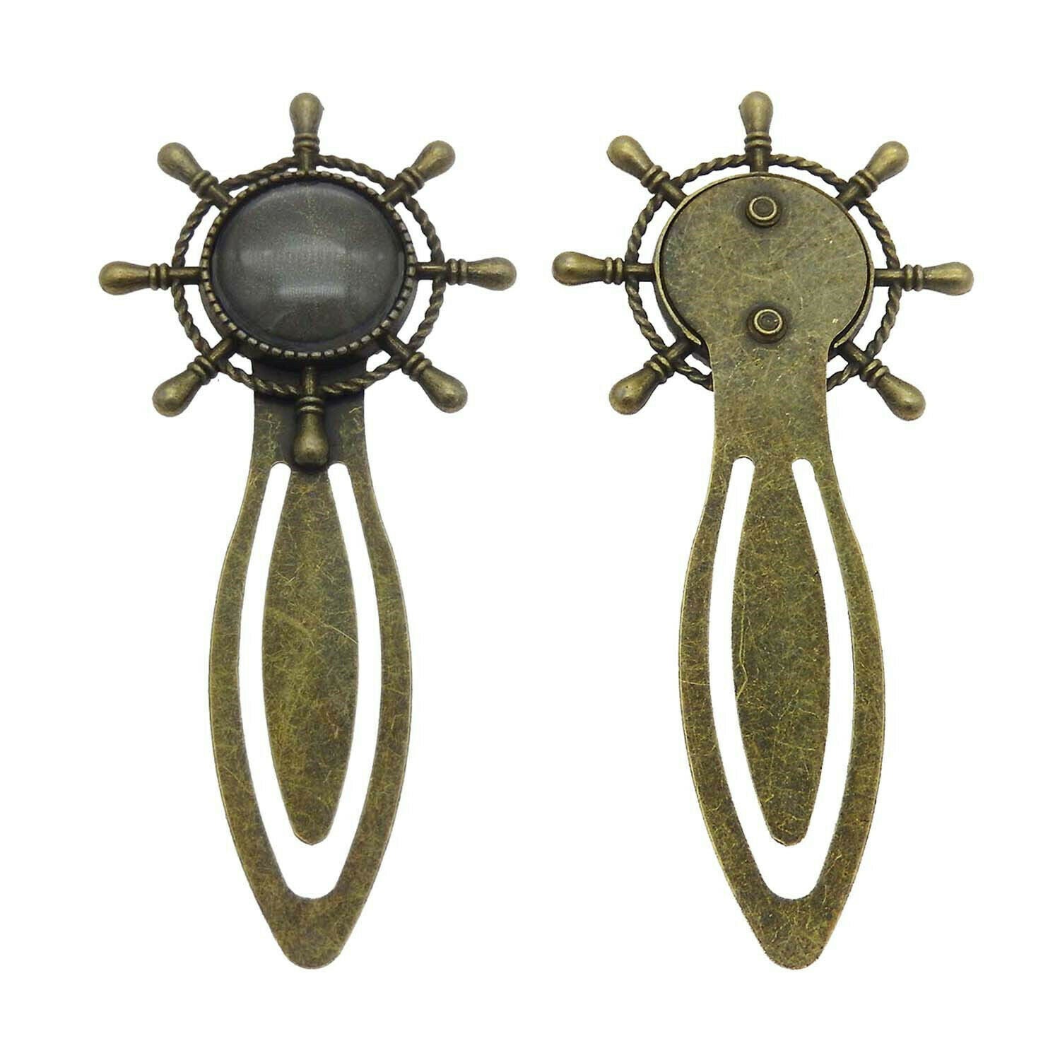 2 sets Antiqued Bronze Metal Bookmark Rudder Blank Bezel with Glass Cameo 18mm