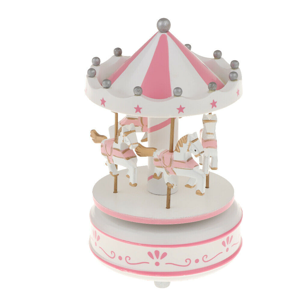 Wooden Merry-GO-Round Carousel Music Box  Wind Up Music Box  Pink