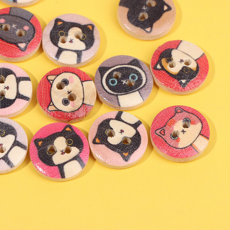 50Pc 15mm Round Wooden Buttons 2 Holes Lovely Cat Buttons For Clothing De.l8