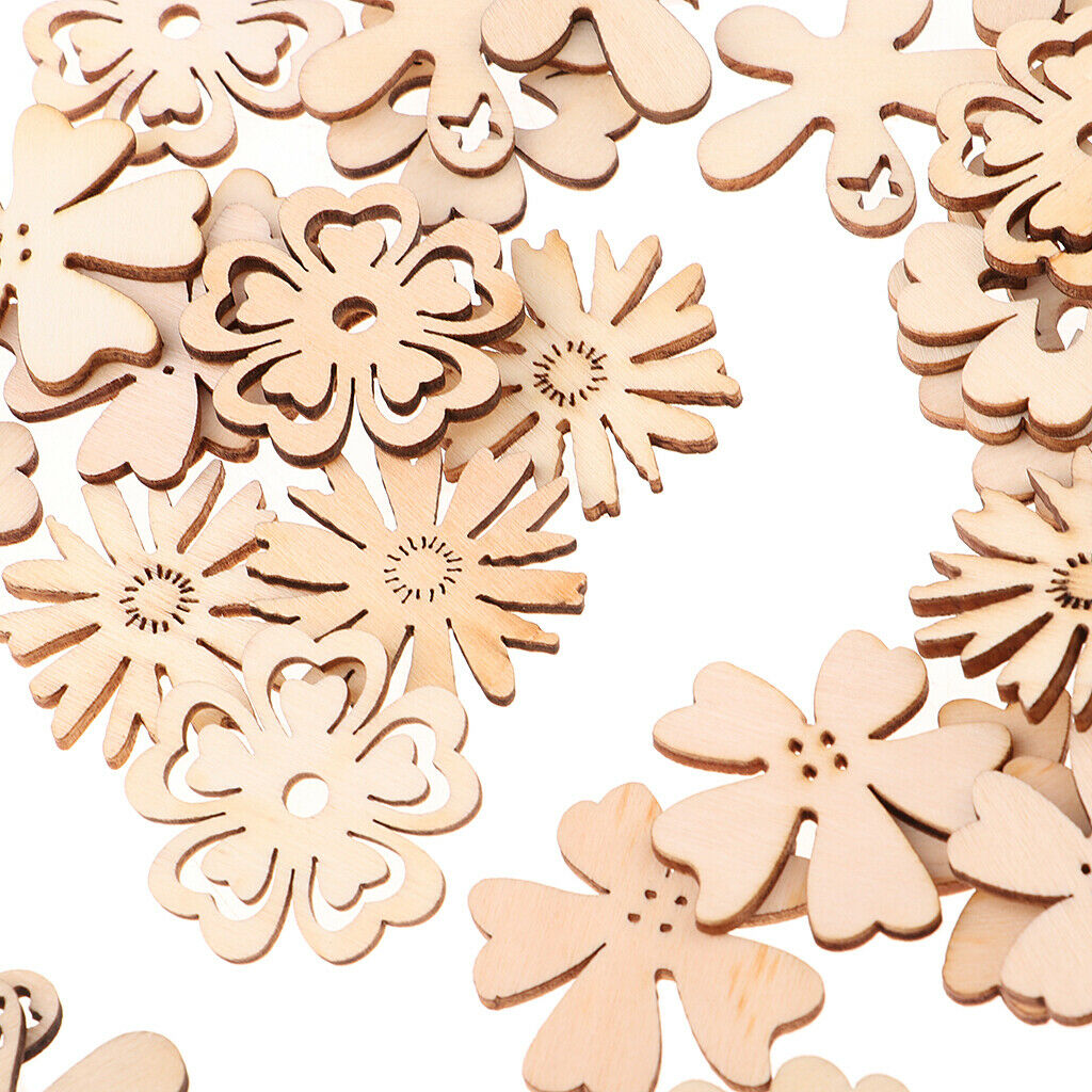 50pcs Chic Wood Buttons Cutout Flowers Shapes Wooden Craft DIY Scrapbooking