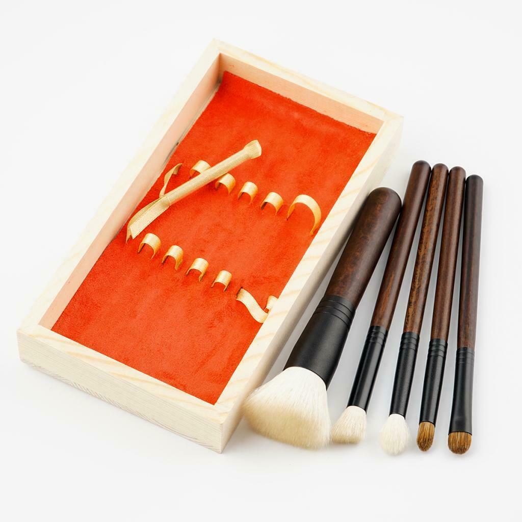 5 Pieces Premium Makeup Brush Blush Foundation Eyeshadow Lip Tool Wooden Box