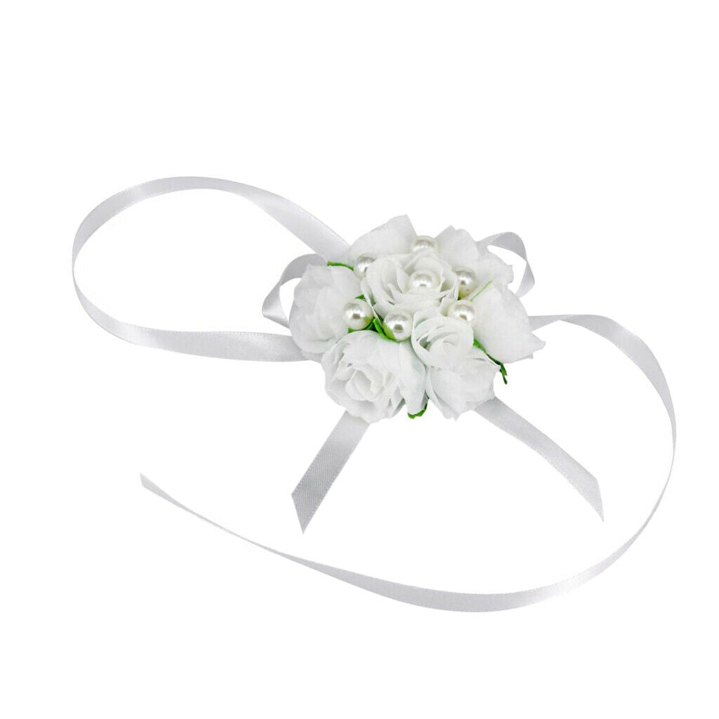 Wedding bracelet flowers bow leaves flower girl bridesmaid, white