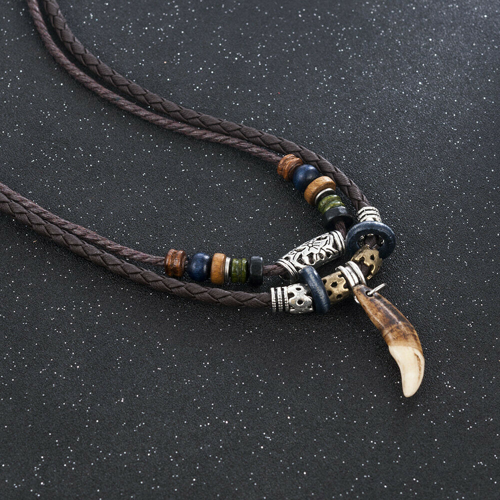 1PC Men's Bohemia Wolf Tooth Pendant Leather Beaded Weaved Necklace Jewelry Punk
