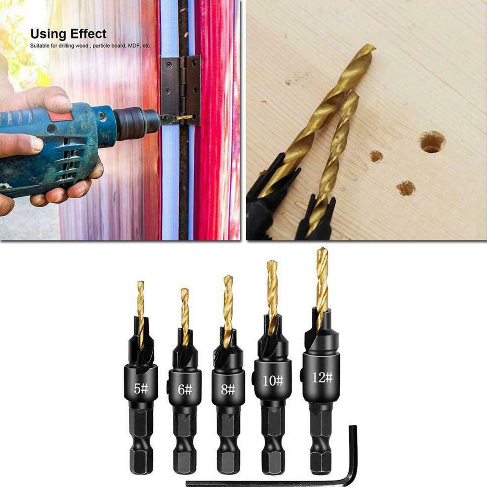 5Pcs 5 Flutes 6-12# Carpentry Countersink Drill Bit Set 1/4" Hex Shank HSS
